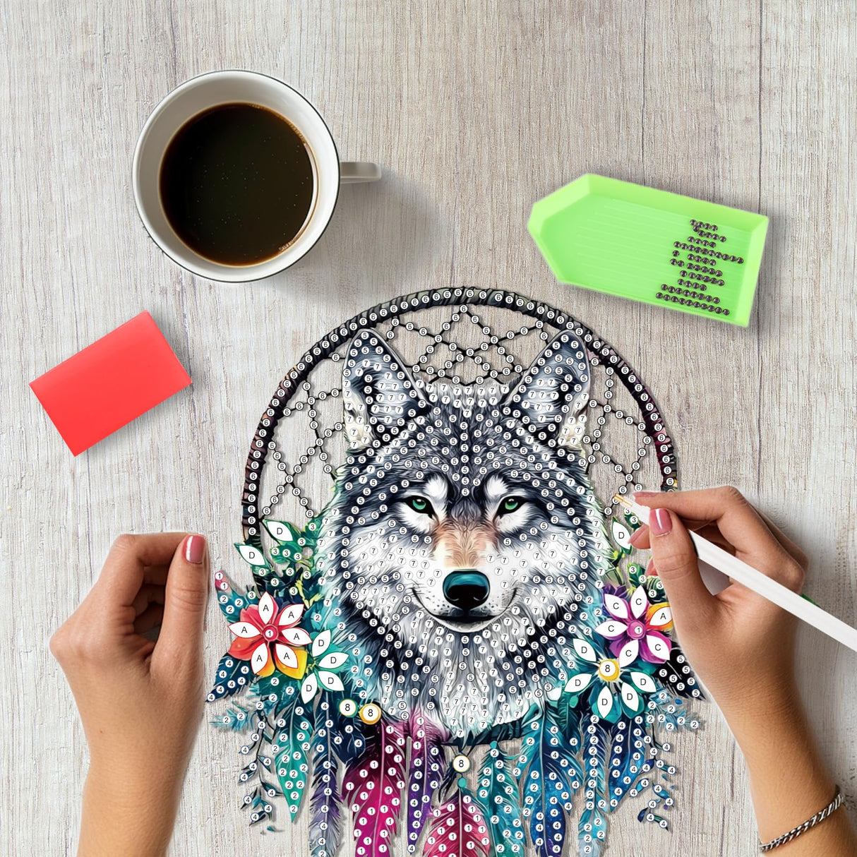 SENQAO Wolf Diamond Art Hanging Kit for Adult, Special Shaped Rhinestone, Double Sided DIY Acrylic Diamond Art Painting Window Pendants Home Garden Wall Hanging Kits Hanging Ornament (Dream Catcher) SENQAO