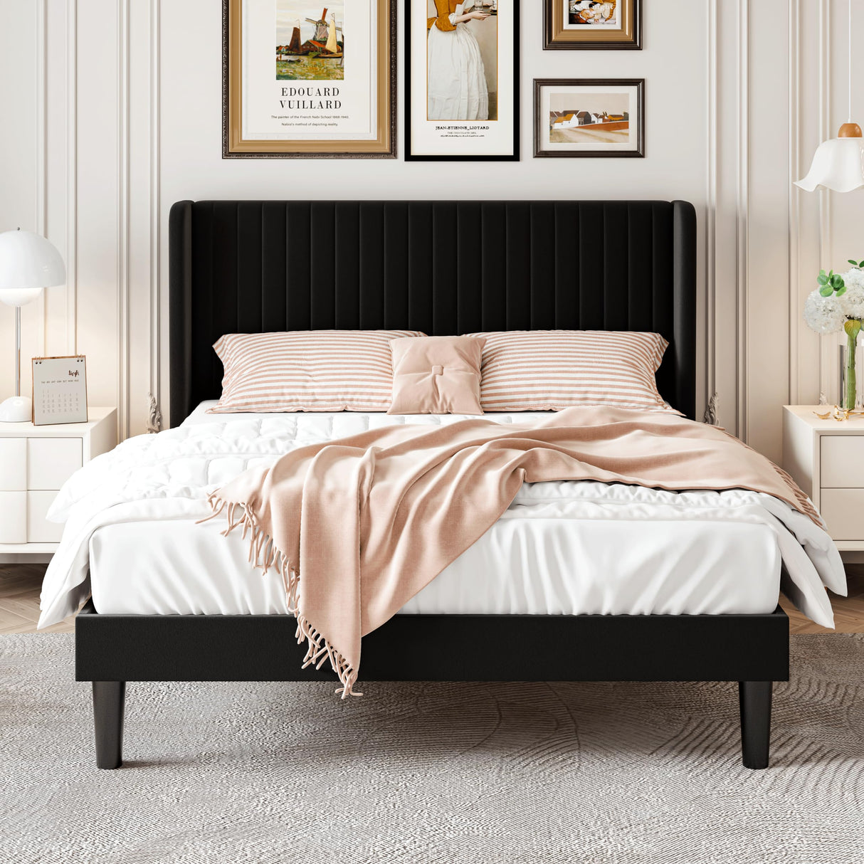 SHA CERLIN Full Size Velvet Bed Frame with Vertical Channel Tufted Wingback Headboard, Upholstered Platform Bed with Wood Slats, No Box Spring Needed, Easy Assembly, Black SHA CERLIN