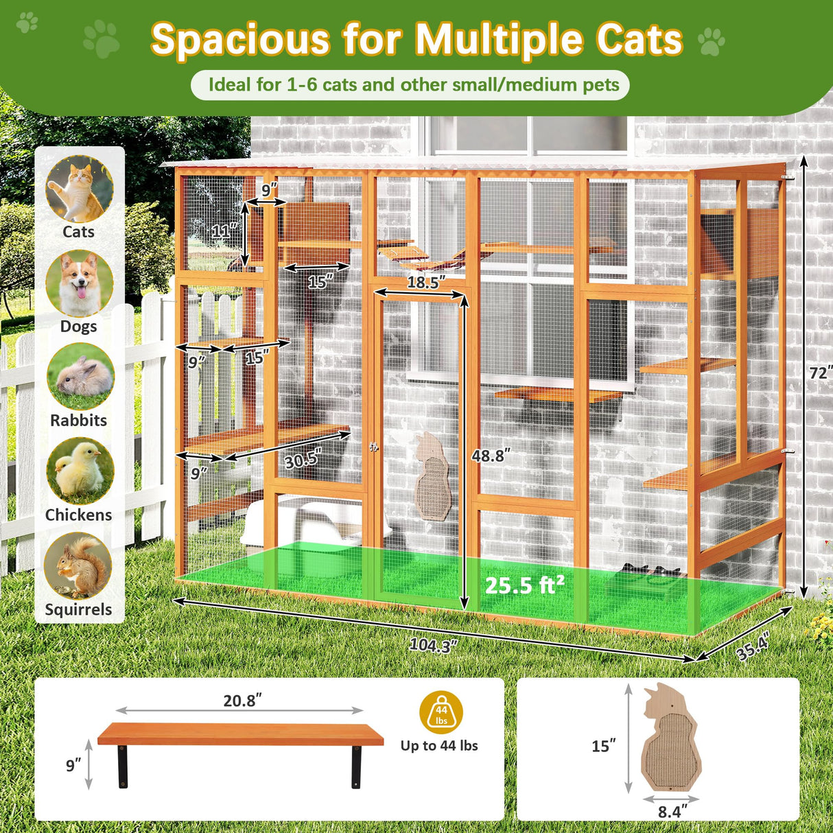 104" L Catio Outdoor Cat Enclosure Window, Wooden Walk-in Expandable Outdoor Large Cat Cattery for Multiple Kitties, Weatherpoof, Orange COZIVVOVV