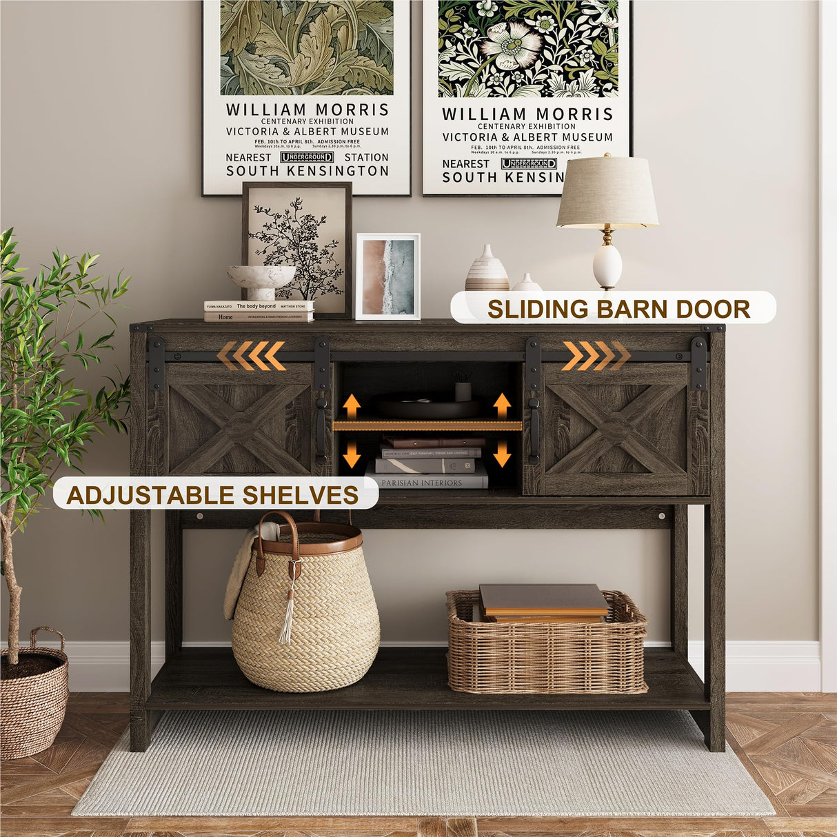Farmhouse Console Table with Storage Shelf & Sliding Barn Door, Wood Entryway Table with Storage, 46" Narrow Long Sofa Table, Behind Couch Table, Console Tables for Living Room, Entryway, Foyer May in Color
