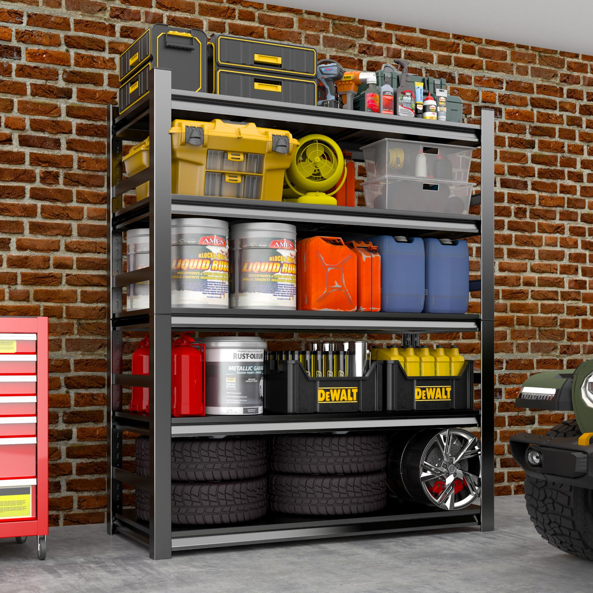 Notmise Garage Shelving Unit, Heavy Duty Metal Shelves, 5-Tier Adjustable Storage Shelf, Industrial Shelving Unit, 3000Lbs, for Warehouse, Basement, and Garage, with Fence 72" H x 15.7" D x 35.4" W Notmise