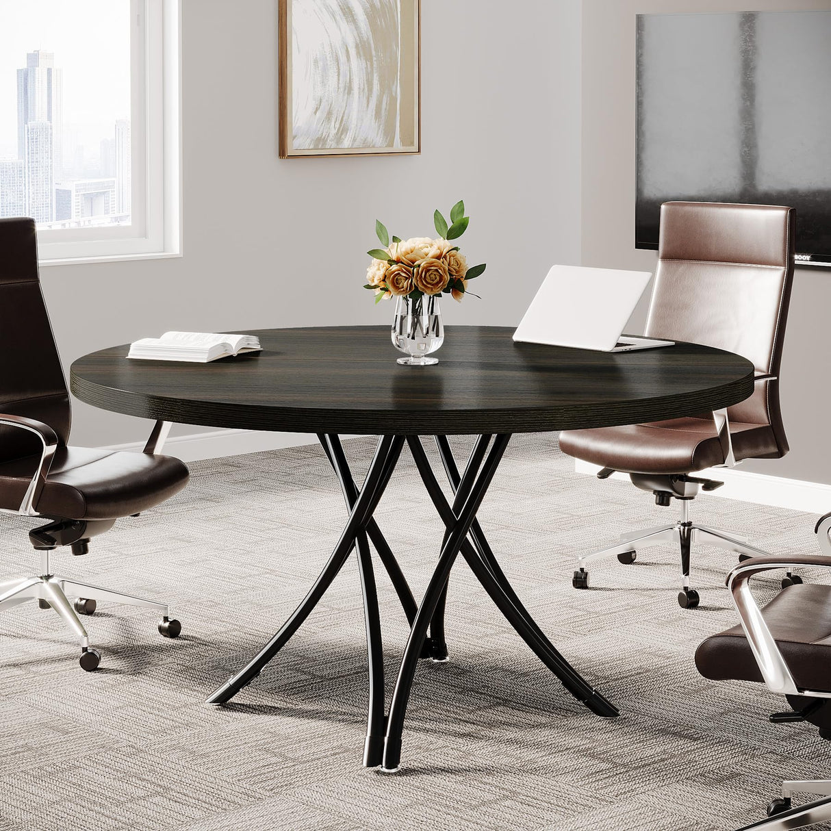 Tribesigns 47" Round Conference Table, Modern Business Meeting Table for Office Conference Room (Black) Tribesigns