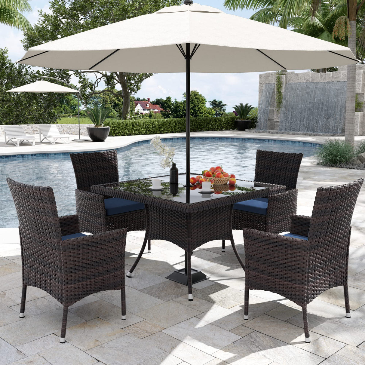 Kurapika 15-Piece Patio Furniture Outdoor Dining Set, Rattan Wicker Patio Dining Table and Chairs Set, Square Tempered Glass Tabletop with Umbrella Hole and 12 Chair Set, Blue Kurapika