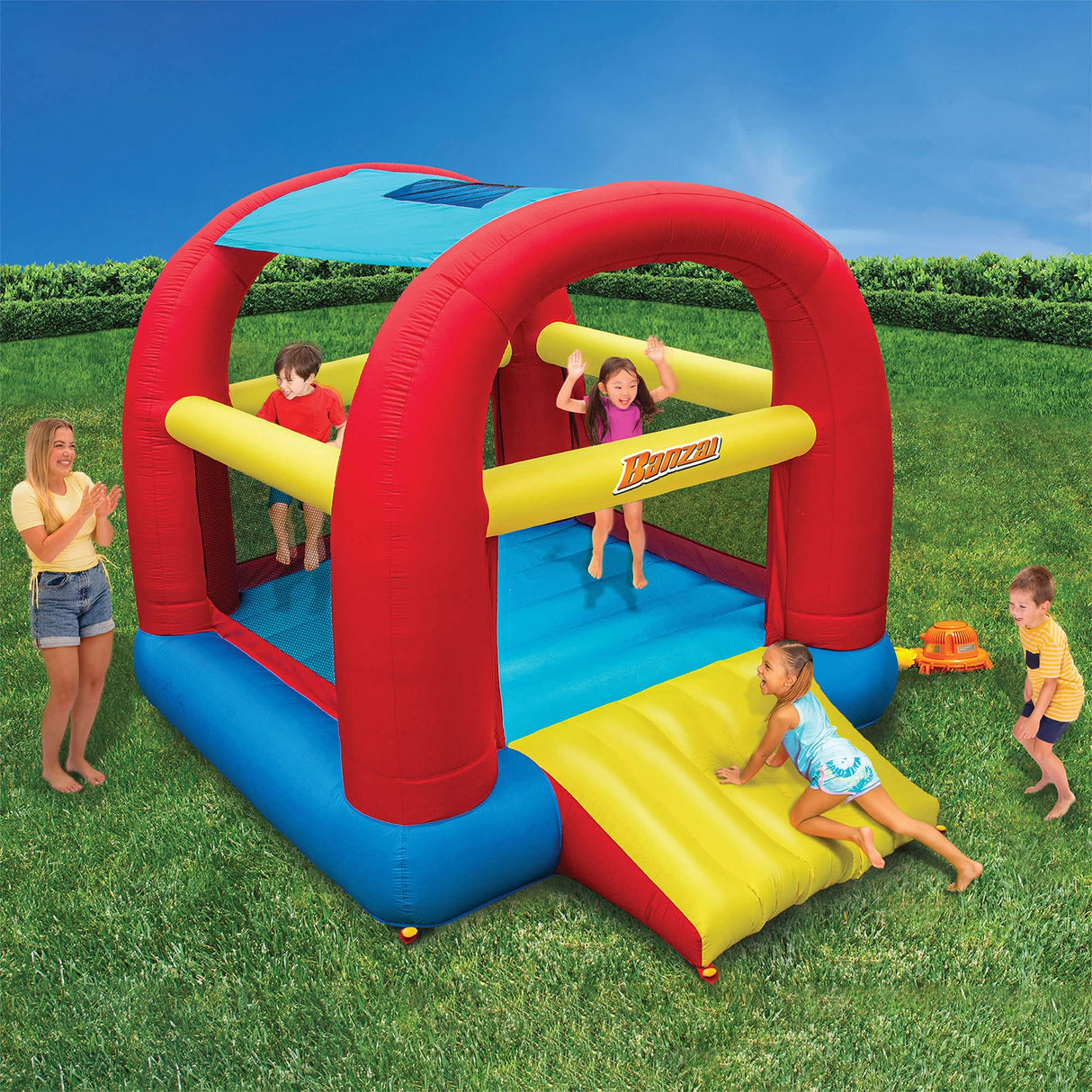 Banzai Bounce ’N’ Slide Cool Canopy Inflatable Indoor Outdoor Bounce House with Slide and Blower BANZAI