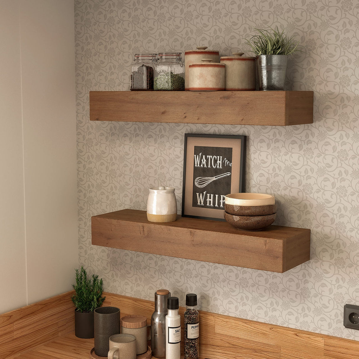ROOREVO Wall Floating Shelves, Rustic Wood Wall Shelf Handmade (Light Walnut, 24 Inch - 2 Pack) ROOREVO