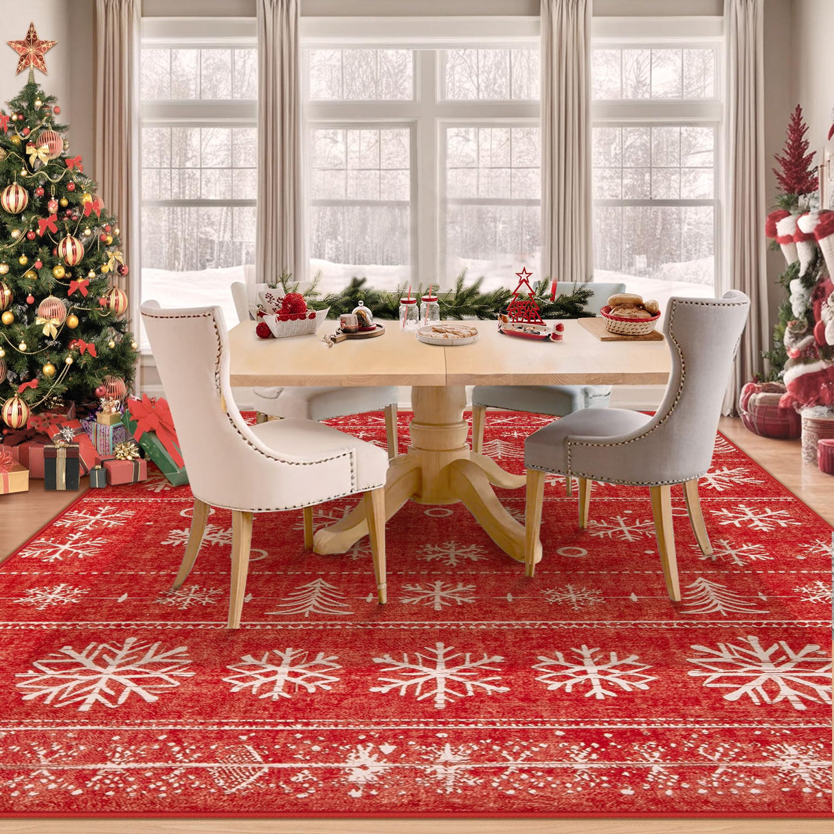 Christmas Area Rug 6x9 Rugs: Washable Living Room Rug Xmas Holiday Decor Rugs Snowflake Low Pile Boho Rug Indoor Floor Carpet for Bedroom Kitchen Dining Room Home(Xmas Red, 6'x9') Zomfy