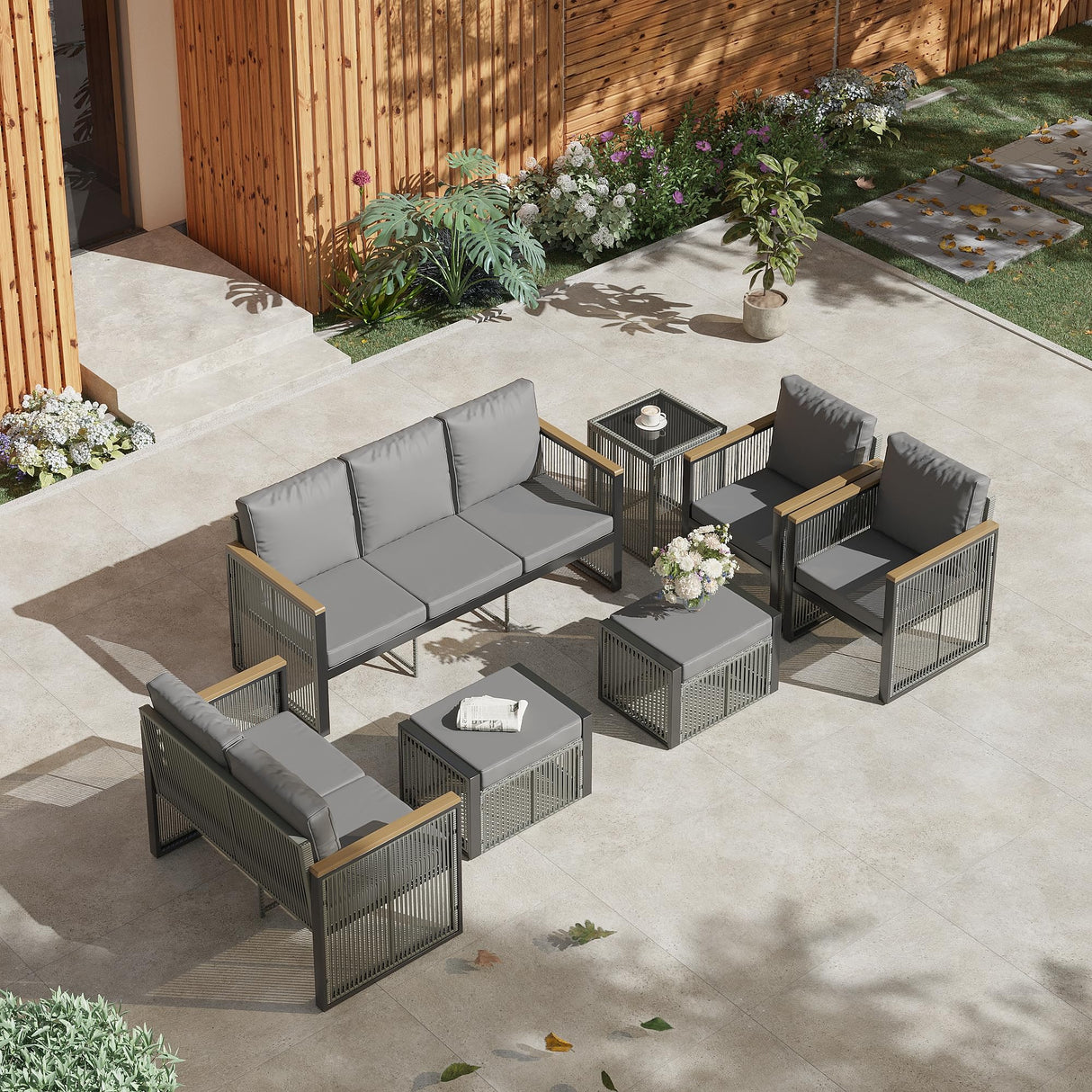 HOMREST 7 Piece Outdoor Sectional Patio Conversation Set,5 Seats Metal Outdoor Patio Furniture Set, All Weather Outdoor Couch Set with 2 Ottoman,3-Seats Sofa,Love Seat,Side Table for Deck, Lawn(Grey) HOMREST