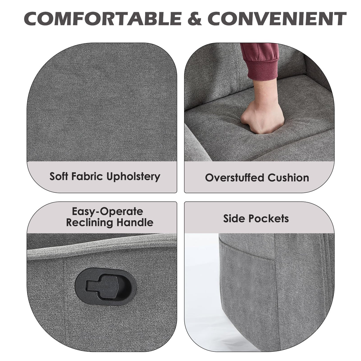 Trustyue Manual Recliner Chair, 360° Swivel Rocker Recliner with Heat and Massage for Small Space, Upholstered Fabric Glider Rocking Chair Nursery Chair with Side Pockets for Living Room, Grey Trustyue