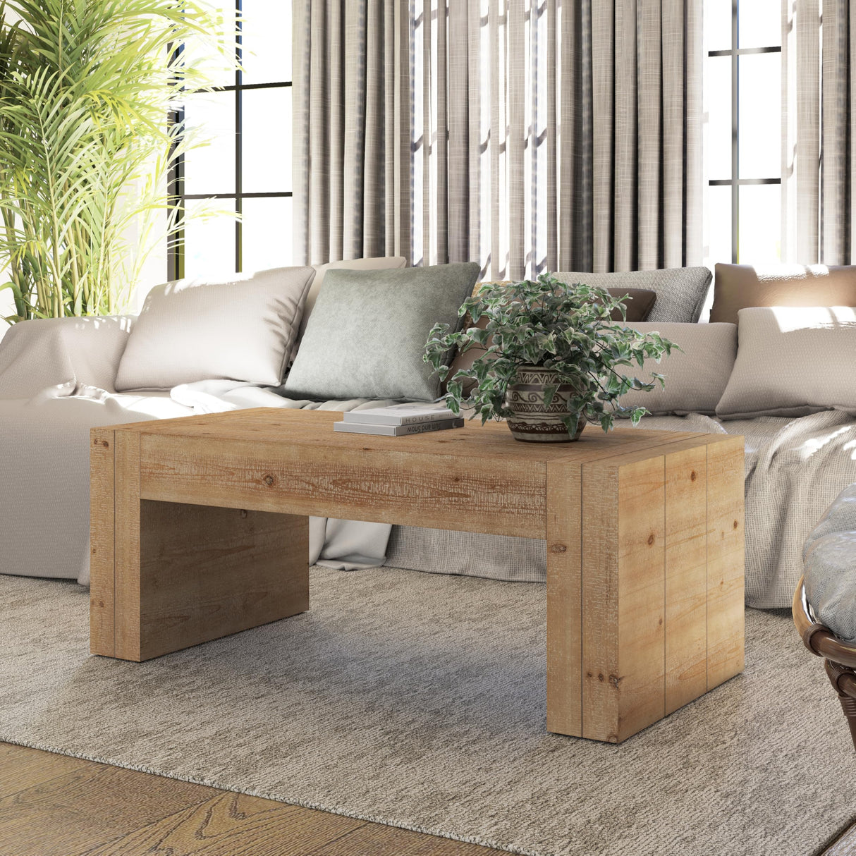 COZAYH Modern Rustic Wood Coffee Table with Thick Legs, Rectangular Living Room Center Table, Natural Finish Design, Sturdy Farmhouse Style for Home Decor, Office, Brown COZAYH