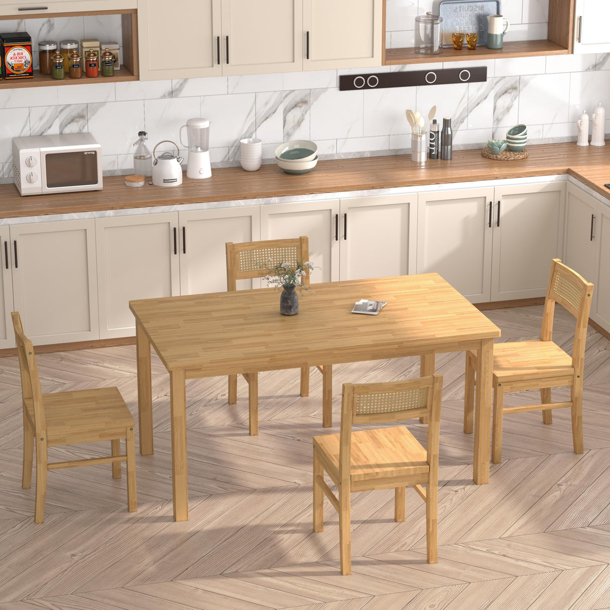 Orweiin Solid Wood Dining Table Set for 4, 43.3" Dining Table with Chairs Set, Kitchen Dining Table Set with Woven Rattan Backs, Farmhouse Solid Wood Table and Chairs, Natural Orweiin