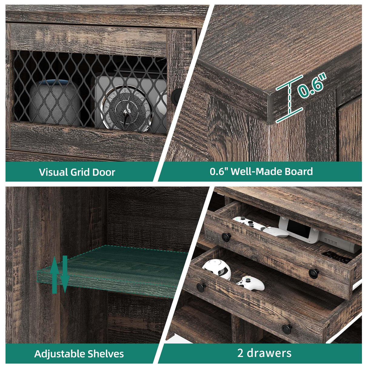 YITAHOME Farmhouse TV Stand for TVs up to 65", Entertainment Center with 2 Large Drawers & Visual Grid Door, 59" Rustic TV Consoles for Living Room, TV Media Console, Dark Rustic Oak YITAHOME