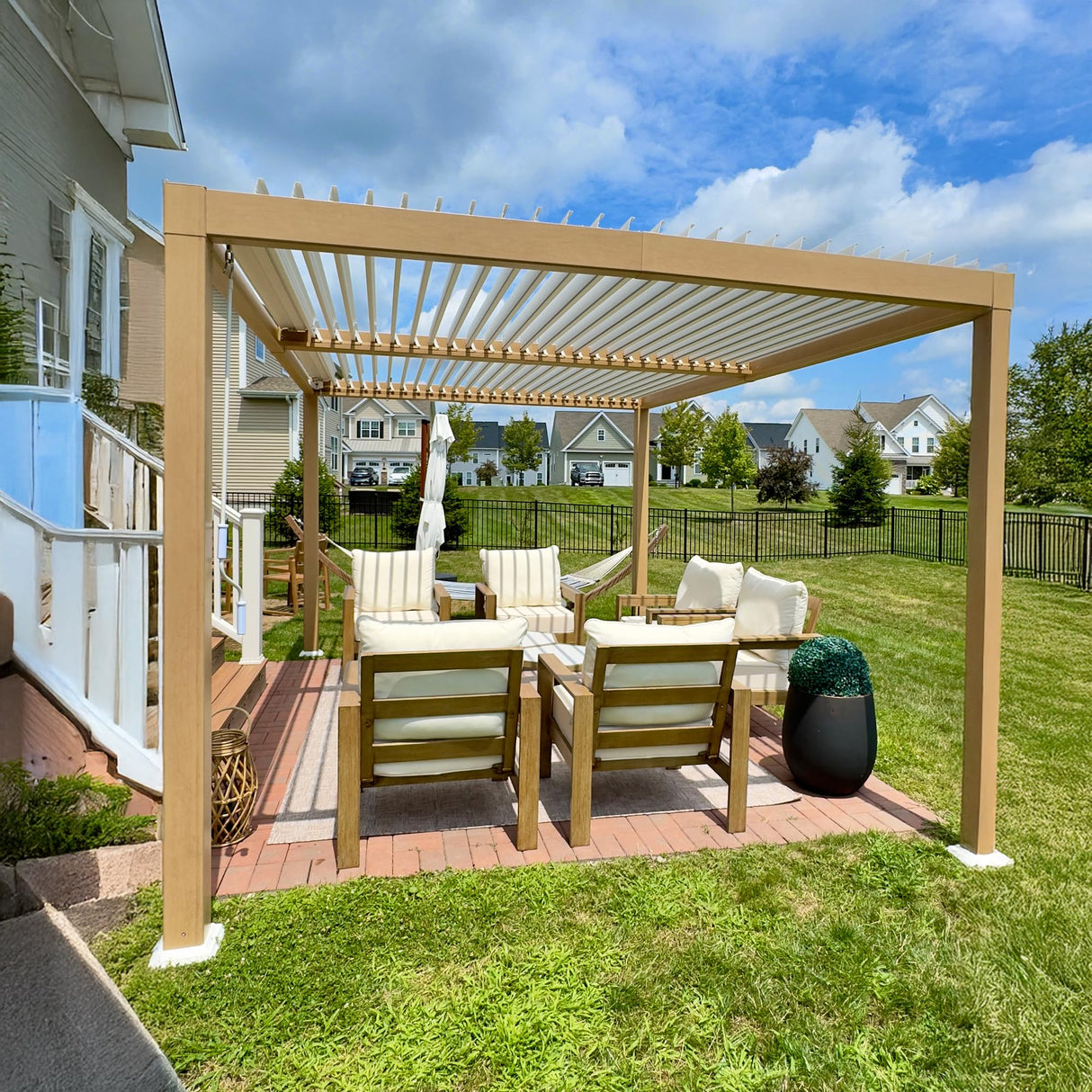 PURPLE LEAF 10' x 12' Louvered Pergola Outdoor Wood Grain Aluminum Pergola with Adjustable Roof Retractable Patio Rainproof Hardtop Gazebo for Deck Backyard Garden PURPLE LEAF