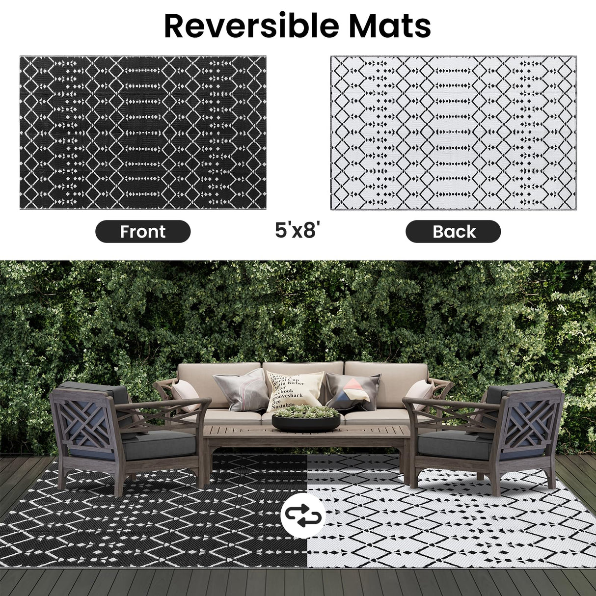 Smiry Outdoor Rug 5x8 ft, Waterproof Reversible Plastic Straw Rugs, Boho Outdoor Area Rug, Outside Floor Mat for Patio, Backyard, Deck, Picnic, Beach, Camping, Black Smiry