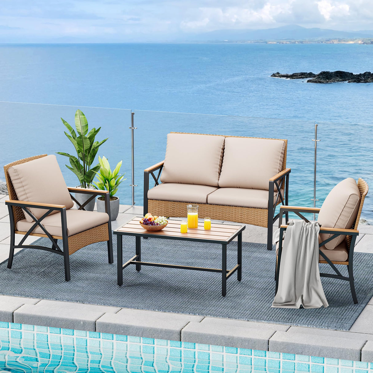 YITAHOME 4-Piece Patio Wicker Furniture Set with Wood Armrest, All Weather Rattan Conversation Furniture Sets for Backyard, Balcony, Deck w/Soft Cushions and Plastic Wood Table (Light Brown+Beige) YITAHOME