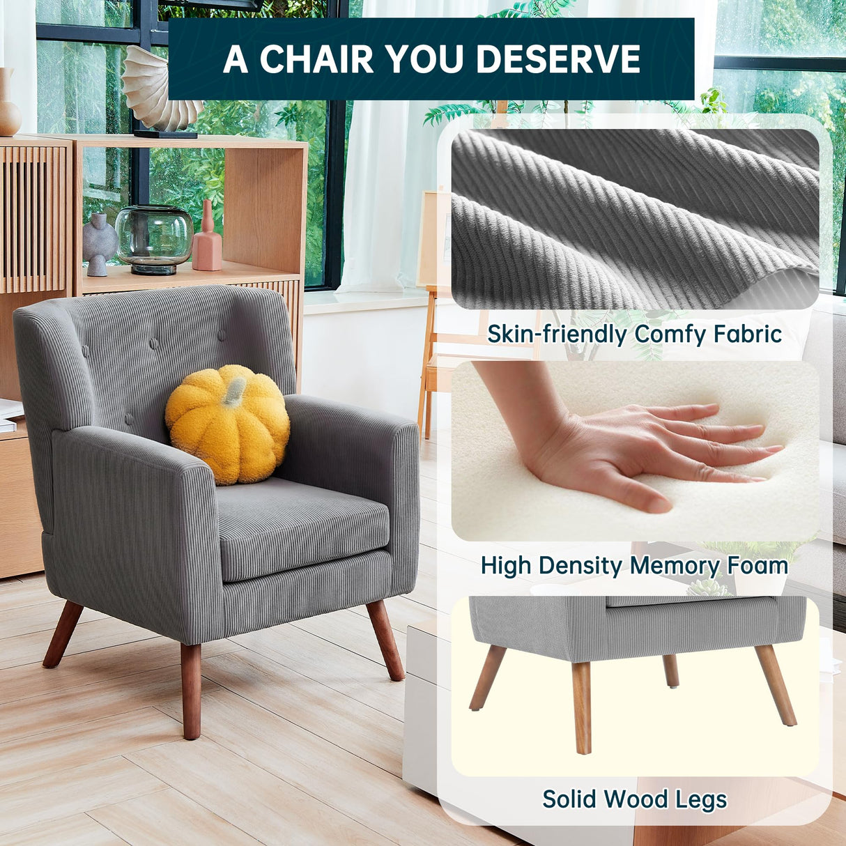 PrimeZone Mid-Century Modern Accent Chair - Comfy Corduroy Living Room Chair, Reading Chair with Button Tufted Design & Wing Back, Cozy Upholstered Armchair for Bedroom, Corner, Grey PrimeZone