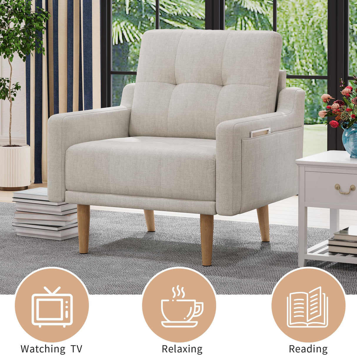 EJUNQ Mid Century Modern Accent Chair ,Upholstered Armchair,Comfy Reading Chair with Wood Legs,Fabric Single Sofa Chair for Living Room Bedroom Small Spaces(Ivory) EJUNQ