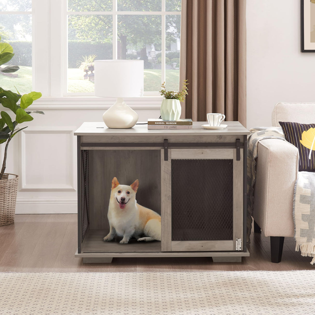 CKEASEAN Farmhouse Style Dog Cage Crate Furniture with Sliding Barn Door, Wooden Dog Kennel End Table with Flip-top Plate and Detachable Divider for Small/Medium/Large Dogs (Gray Wash) CKEASEAN
