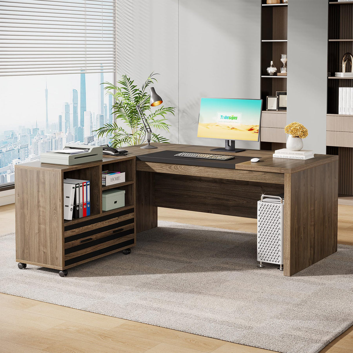 Tribesigns 62.2" Executive Desk with Mobile File Cabinet, L-Shaped Office Desk with Storage Shelves, Large Computer Desk Business Workstation Set for Home Office, Light Brown Tribesigns