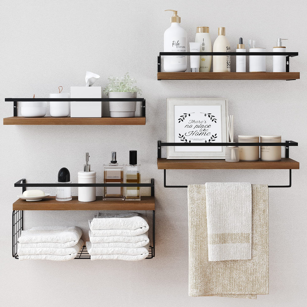 LUDORU Wood Floating Shelves Wall Mounted - 4+1 Tier Rustic Bathroom Wall Shelves Over Toilet with Wire Storage Basket and Towel Bar, Set of 4 Farmhouse Floating Shelf for Bathroom, Kitchen, Bedroom. LUDORU