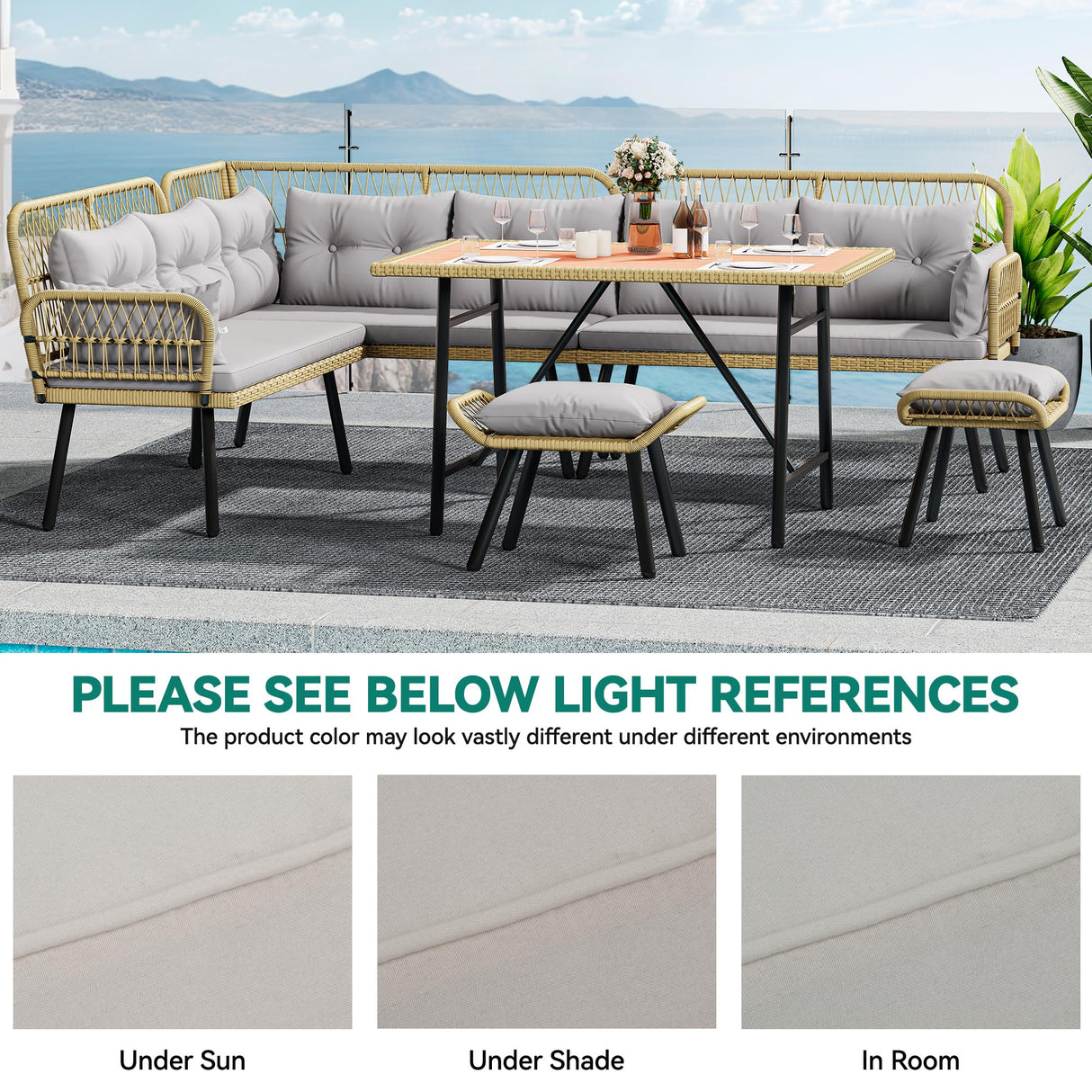 YITAHOME Patio Wicker L-Shaped Furniture Set, All-Weather Rattan Outdoor Conversation Sofa Set for Backyard Deck with Soft Cushions,Ottomans and Wood-Like Dining Table, Light Brown+Gray YITAHOME