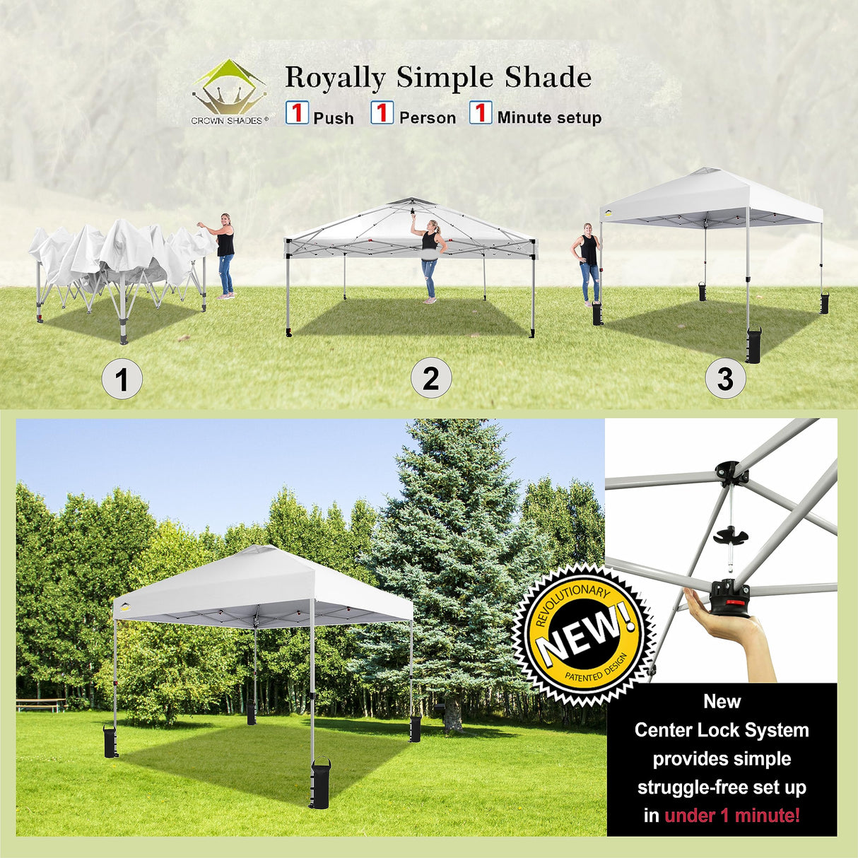 CROWN SHADES 10x10 Pop Up Canopy - Beach Tent with One Push Setup - Easy Outdoor Sun Shade for Events, Parties, Camping - Gazebo with STO-N-Go Cover Bag, Silver Coated Top, White CROWN SHADES