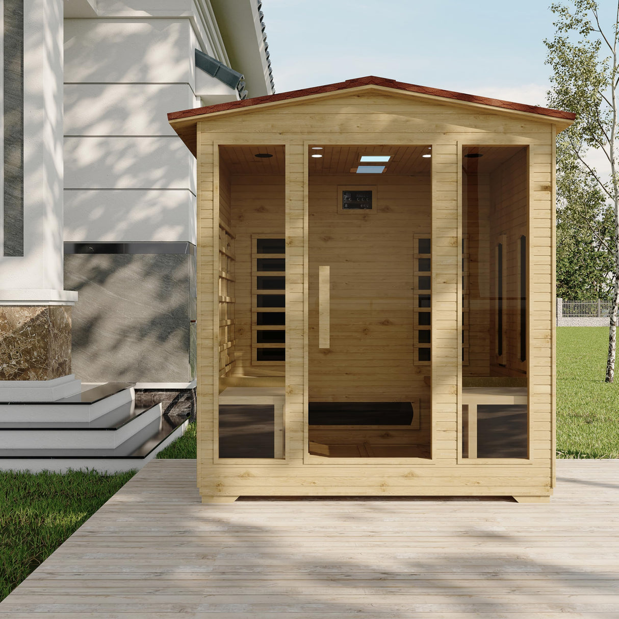 BNEHS 4 Person Outdoor Infrared Sauna - 3D Fast Heating Home Spa Sauna w/Chromotherapy Light, Wooden Sauna Room Kit w/Bluetooth Speaker (CE Certified,220V) BNEHS
