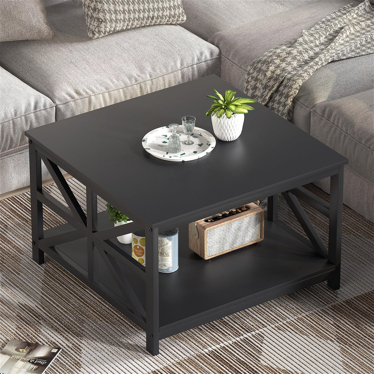 GreenForest Coffee Table with Storage for Living Room, Small Square Center Tables with Seamless One-Piece Tabletop Farmhouse Style, Black GreenForest