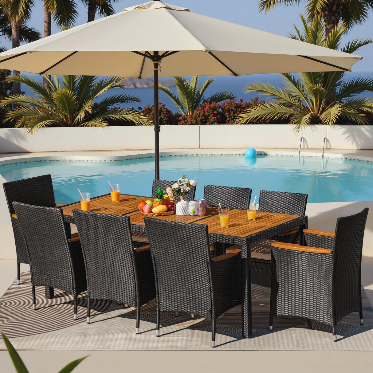 Greesum 9 Pieces Outdoor Patio Dining Set, Conversation Sets with 1 Table and 8 Rattan Chairs with Curved Acacia Wooden Armrests and Cushions, Black Greesum