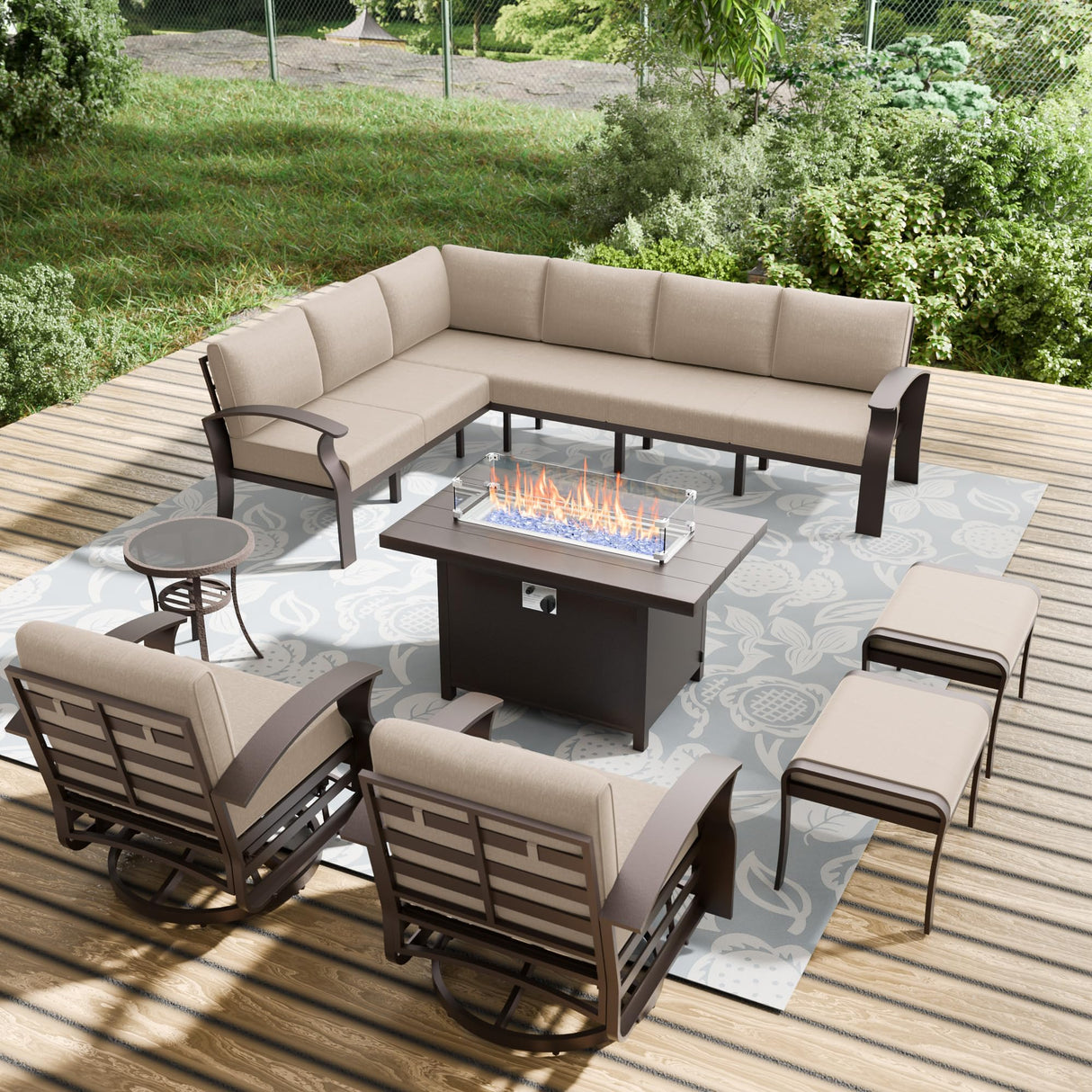 ASJMR 10-seat Aluminum Patio Furniture Set with Fire Pit Table, L-Shaped Sectional Sofa with 5.1" Cushions, High Backrest & 2 Footstools, Durable Outdoor patio Furniture Set, Backyard, Poolside - Sand ASJMR