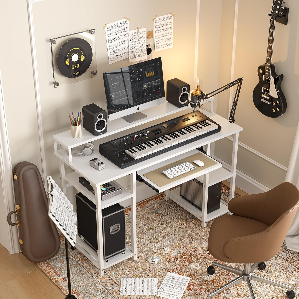 CubiCubi Computer Desk with Keyboard Tray, 47 Inch Office Desk with Monitor Stand and Storage Shelves, Music Studio Desk, Work Table Gaming Desk, White CubiCubi