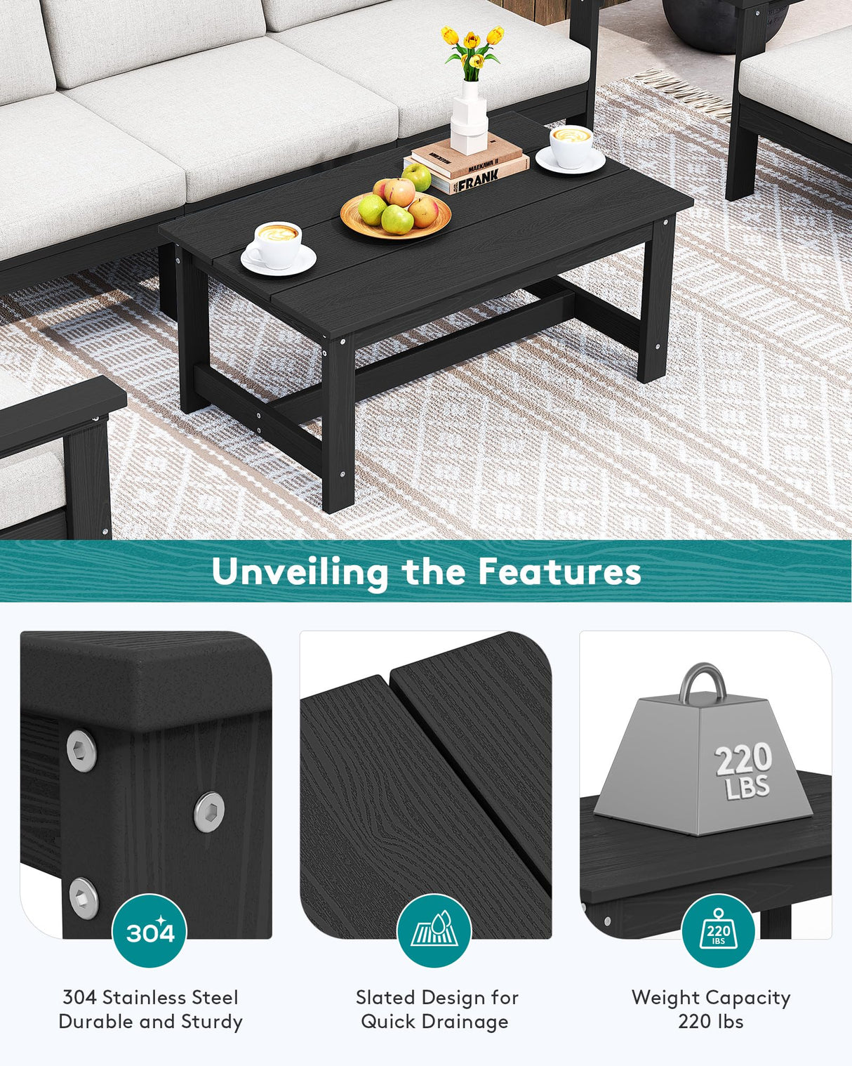 SERWALL HDPE Patio Coffee Table for Balcony, Deck, Black SERWALL