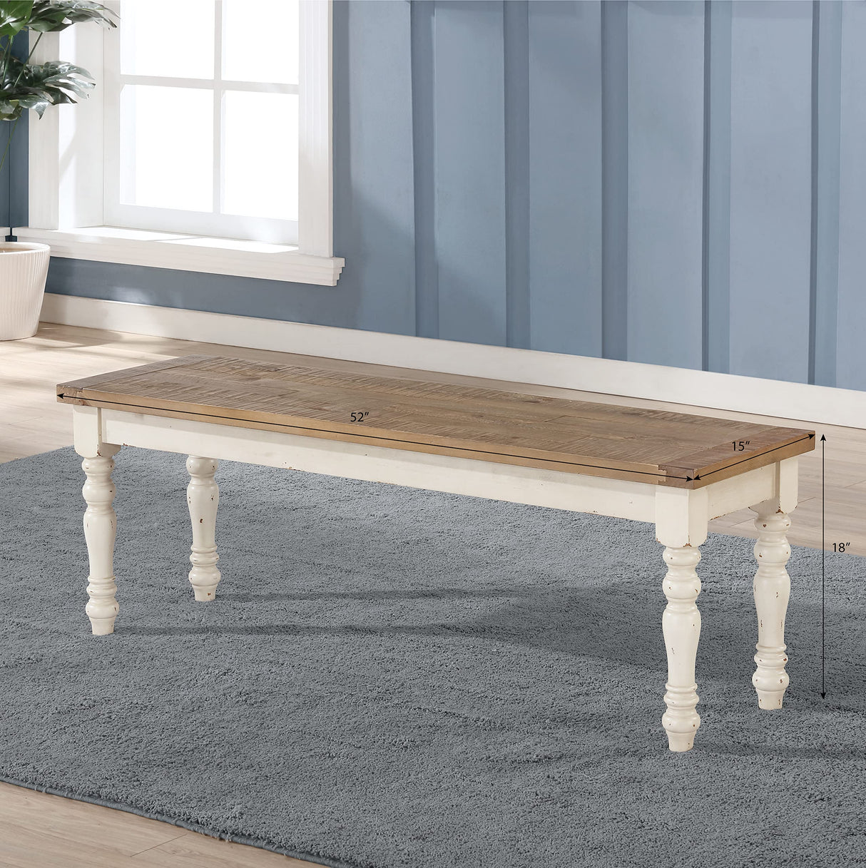 Roundhill Furniture Prato Two-Tone Distressed Oak Wood Dining Bench, One Size, Antique White Roundhill Furniture