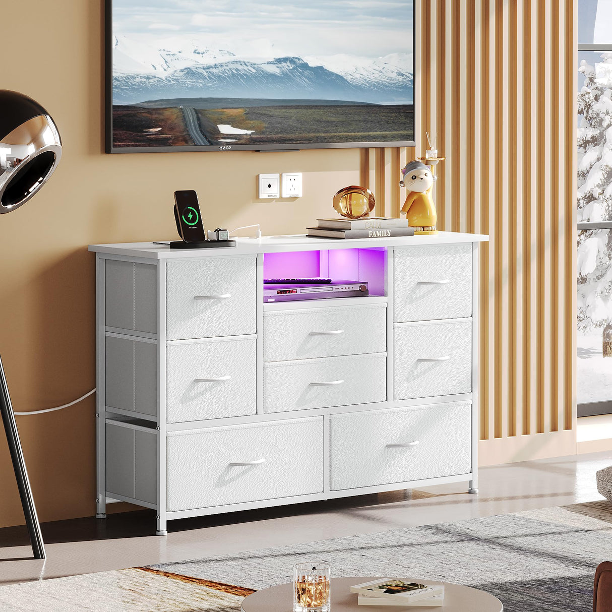 EKNKOZY Dresser TV Stand with 8 Drawers, Dresser TV Stand with LED Lights & Power Outlets, Bedroom Dresser, Chest of Drawers for 55'' Long TV, Wide Fabric Dresser (White) EKNKOZY