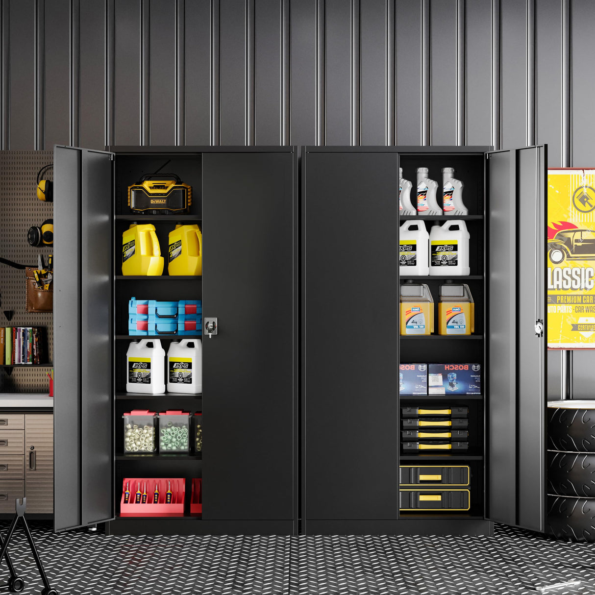 BYNSOE Metal Garage Storage Cabinet with 5 Adjustable Shelves Metal Locking Cabinet with Door Lockable Steel Tool Cabinets Door for Home, School, Office, Garage (Black, 71 inch) BYNSOE