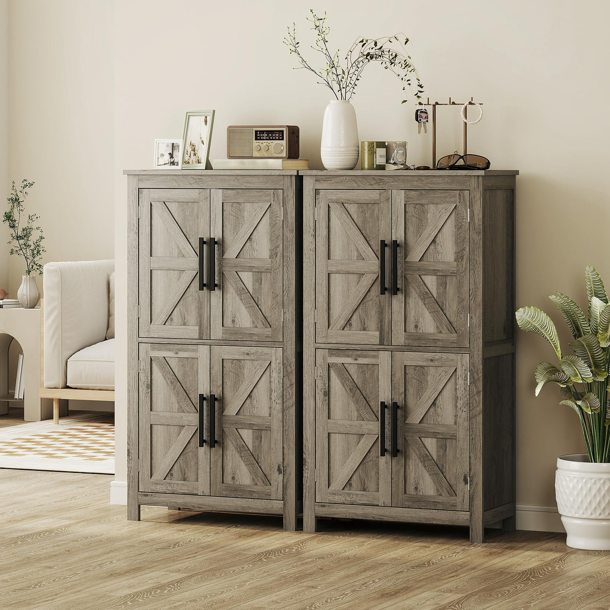 HOMCOM Farmhouse Bathroom Storage Cabinet with 4 Barn Doors, Bathroom Floor Cabinet with 2 Adjustable Shelf, Freestanding Storage Cupboard, Light Gray HOMCOM