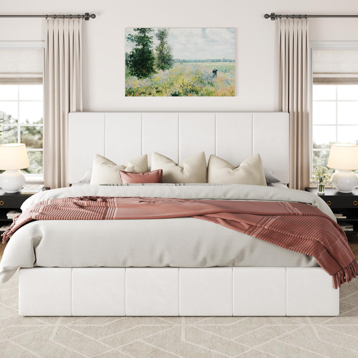 Allewie King Size Velvet Lift Up Storage Bed Frame, Vertical Channel Tufted Headboard, Hydrualic Underneath Storage, Upholstered Platform Bed, Wooden Slats Support, No Box Spring Needed, White Allewie