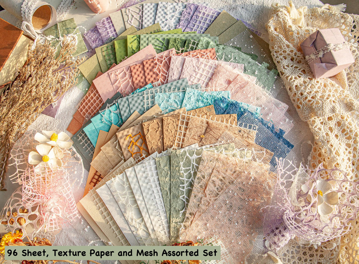 96 Sheets Textured Scrapbook Paper and Mesh Fabric Assorted Set - 6 Pack Mixed Special Paper for Scrapbooking Planner Bullet Junk Journal Supplies Mixed Media Collage Card Embellishments 3.9x5.5 Inch ARTSMONA