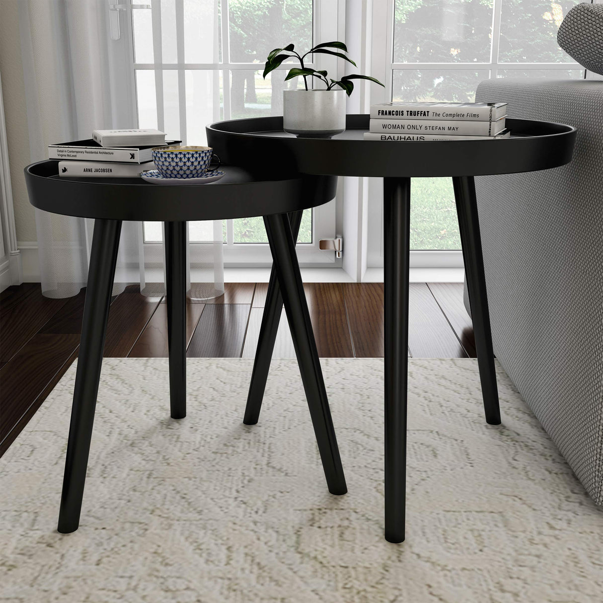 Nesting Side Tables - Set of 2 Round End Tables for Living Room, Bedroom, or Home Office - Accent Table Set with Tray Tops - Mid-Century Modern Living Room Furniture by Lavish Home (Black) Lavish Home