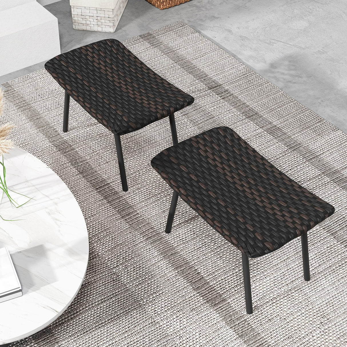 Tangkula Set of 2 Patio Ottomans, Multipurpose Rattan Ottomans w/Padded Quick Dry Foam & Heavy-Duty Metal Legs, Outdoor Wicker Footrest Extra Seating for Poolside, Backyard All Weather Resistant Tangkula