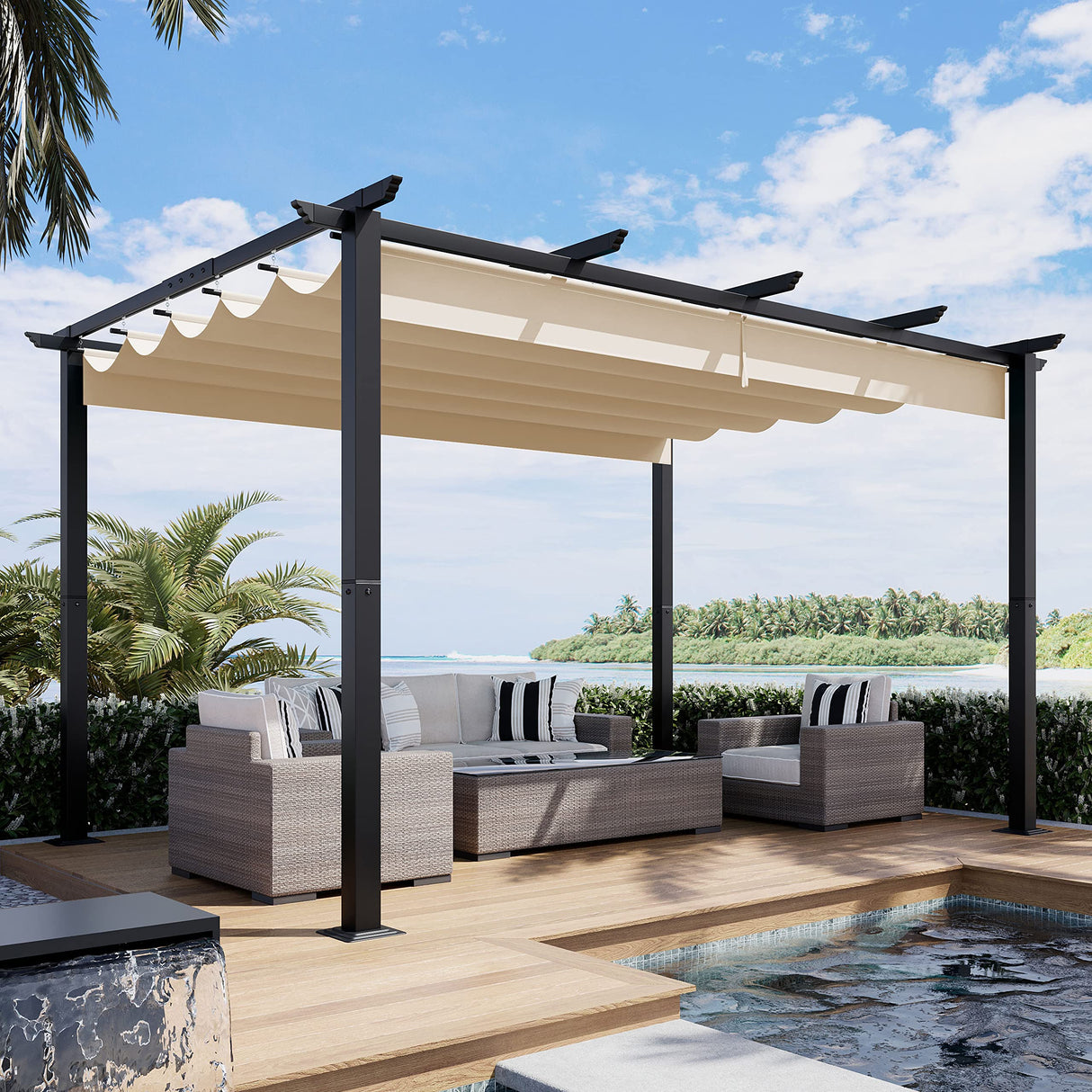 Luckyberry 10' X 13' Outdoor Retractable Pergola with Sun Shade Canopy Patio Metal Shelter for Garden Porch Beach Pavilion Grill Gazebo Modern Yard Grape Trellis Pergola, Beige LUCKYBERRY