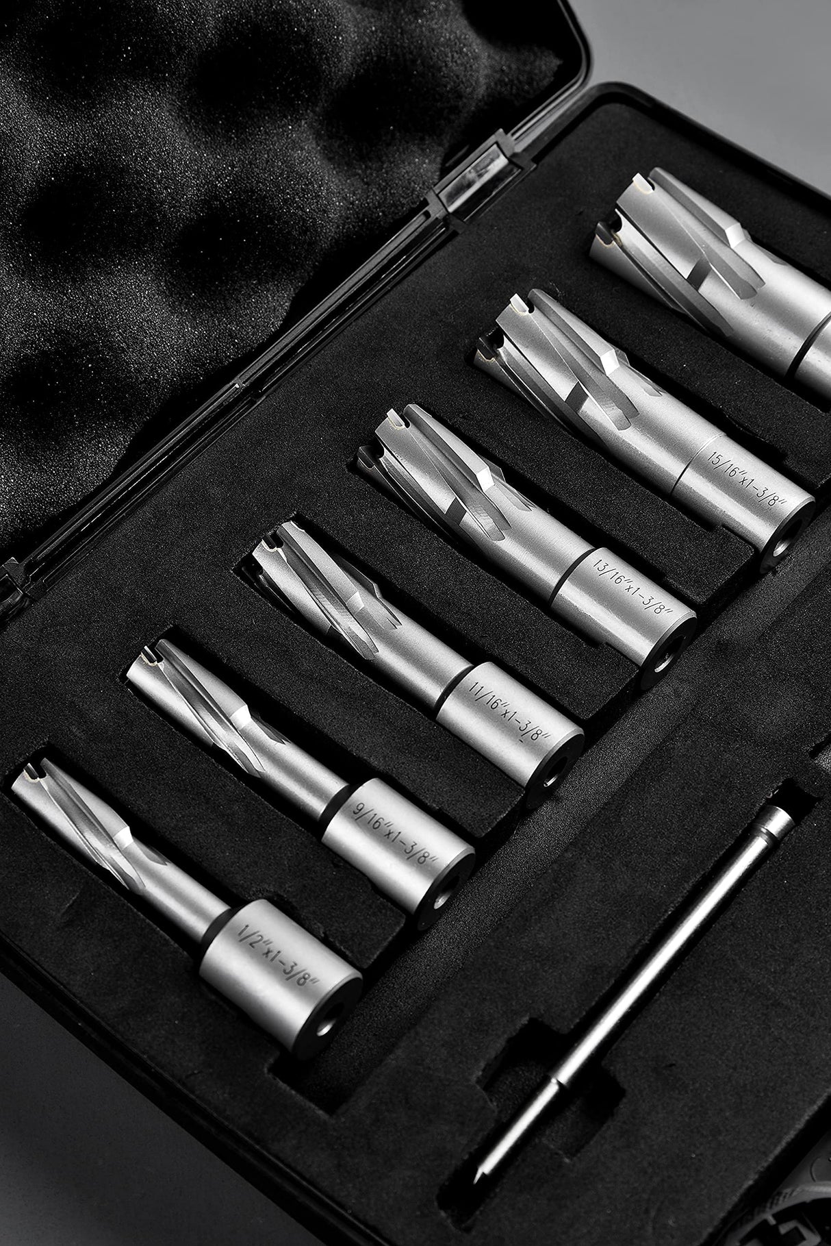 Annular Cutter Set Carbide 8pcs JESTUOUS 3/4 Inch Weldon Shank 1-3/8 Cutting Depth and Cutting Diameter from 1/2 to 1-1/16 Two Flat TCT Bit for Drill Press with 2 Pilot Pins JESTUOUS