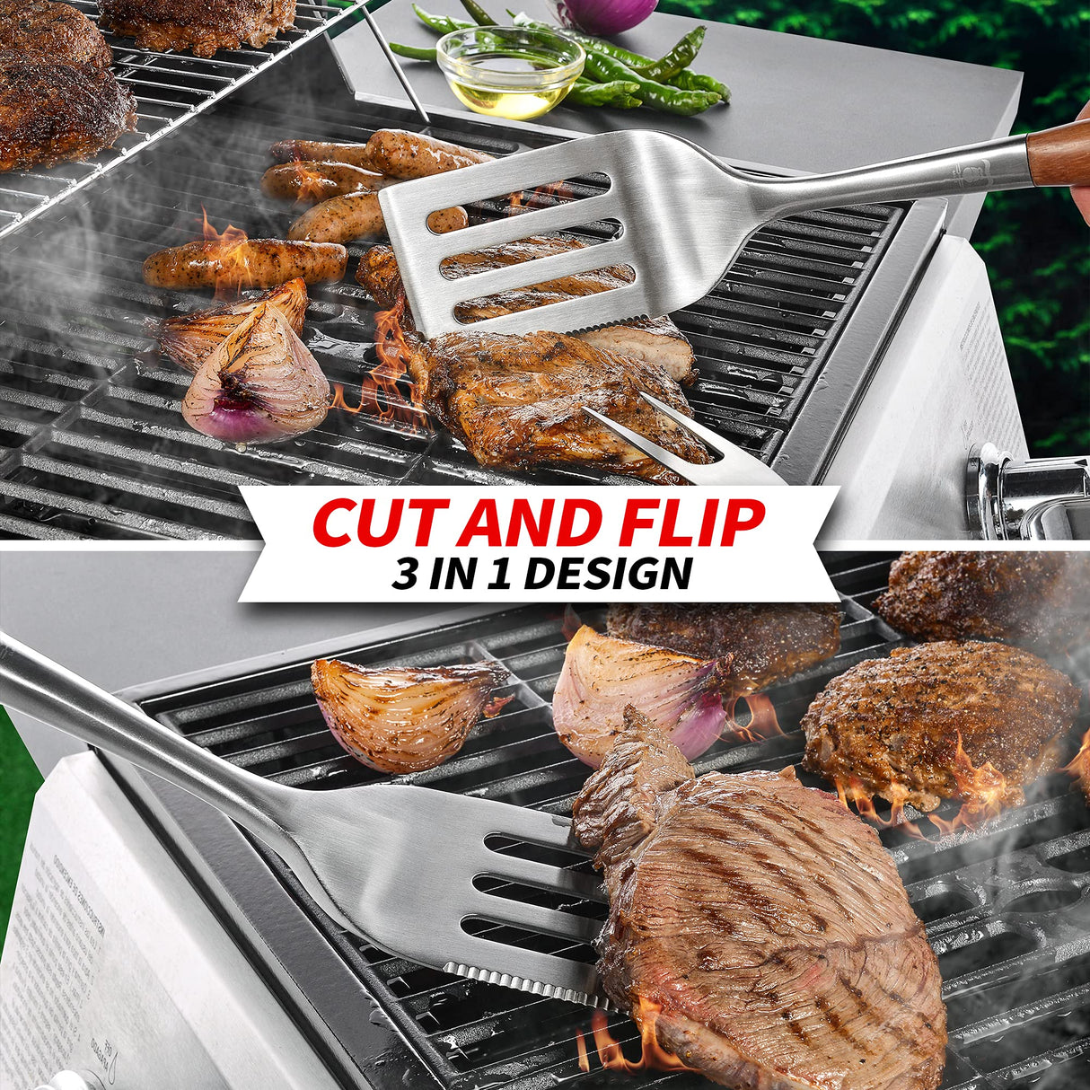 GRILAZ Heavy-Duty Rose Wooden BBQ Grilling Tools Set. Extra Thick Stainless Steel Multi-Function Spatula, Fork & Tongs | Essential Accessories for Barbecue & Grill. Ideal Gift for Fatherโฆ GRILAZ