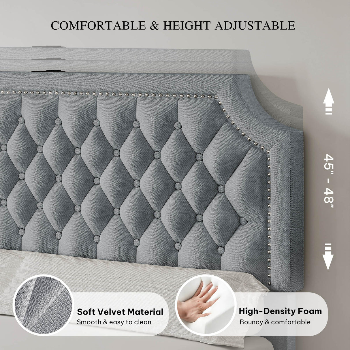 YITAHOME King Size Bed Frame with Adjustable Headboard, 4 Storage Drawers and Charging Station, Linen Upholstered Bed Frame with Button Tufted, No Box Spring Needed, Fast Assembly, Noise-Free, Grey YITAHOME