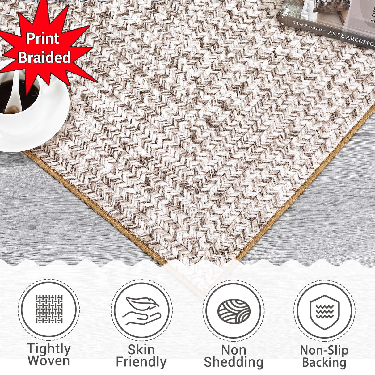 ROYHOME 8x10 Area Rug Machine Washable Rug for Living Room Print Braided Accent Rug Stain Resistant Non-Slip Carpet Farmhouse Solid Printed Textured Floor Cover for Home Decor, Beige/Grey ROYHOME