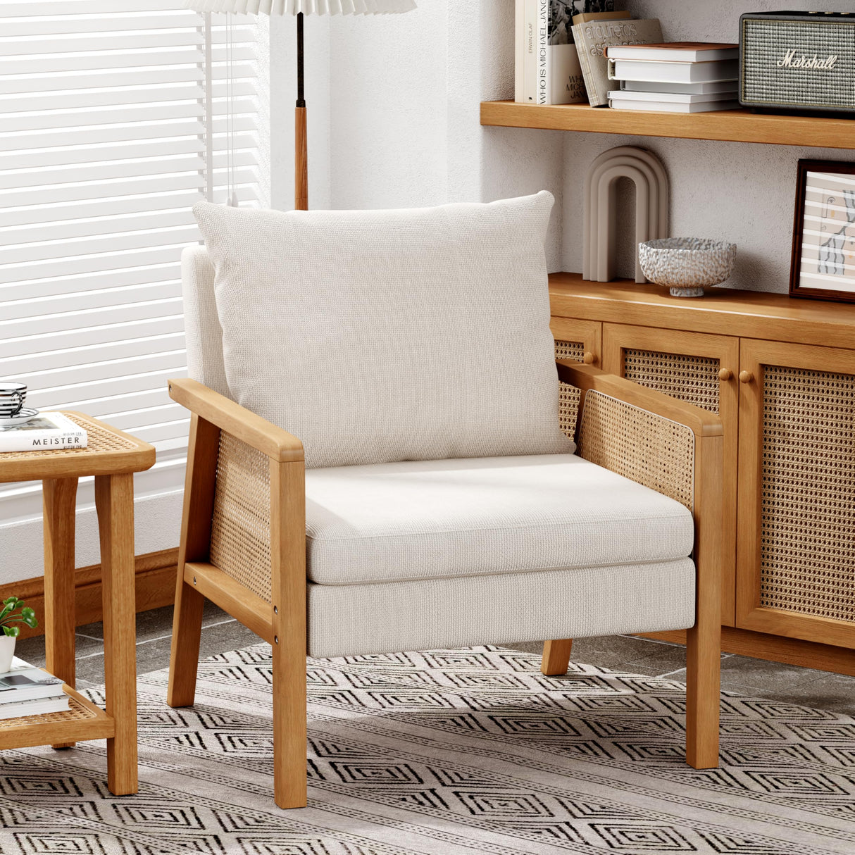 Awonde Ivory Accent Chair Linen Mid Century Modern Upholstered Living Room Chairs with Natural Rattan Arms Bedroom Reading Armchair Awonde