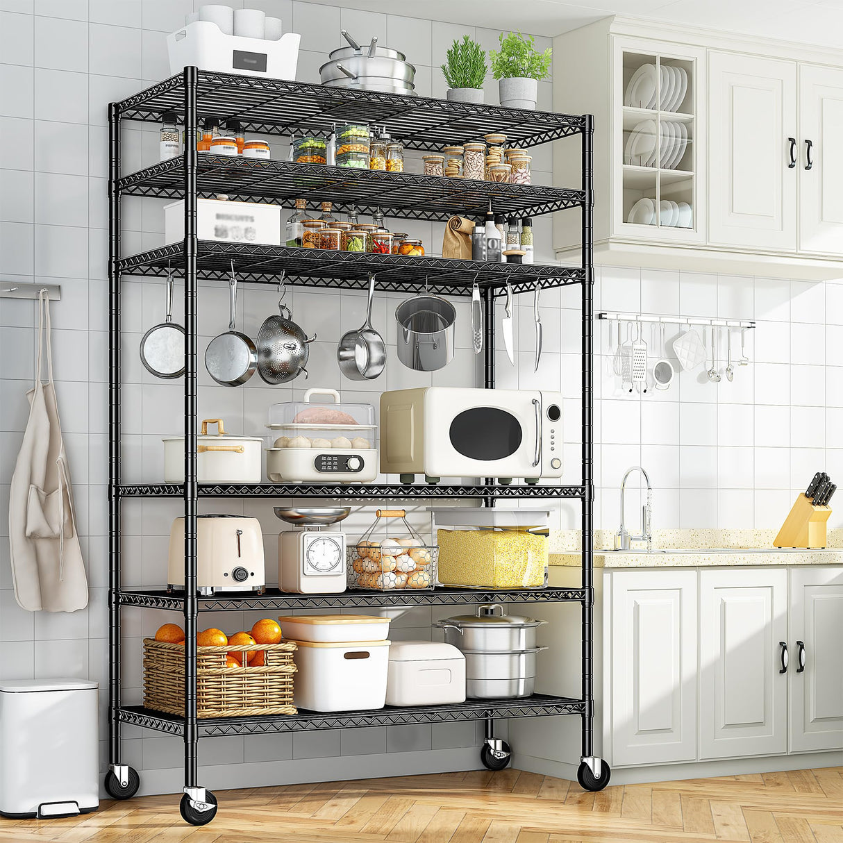 Romorgniz 82" H X45 W X18 D Storage Shelves with Wheels, 6 Tier Wire Shelving Adjustable Metal Shelving Pantry Shelves Capacity 1200LBS for Garage Shelving, Pantry, Kitchen, Closet, Commercial, Black Romorgniz