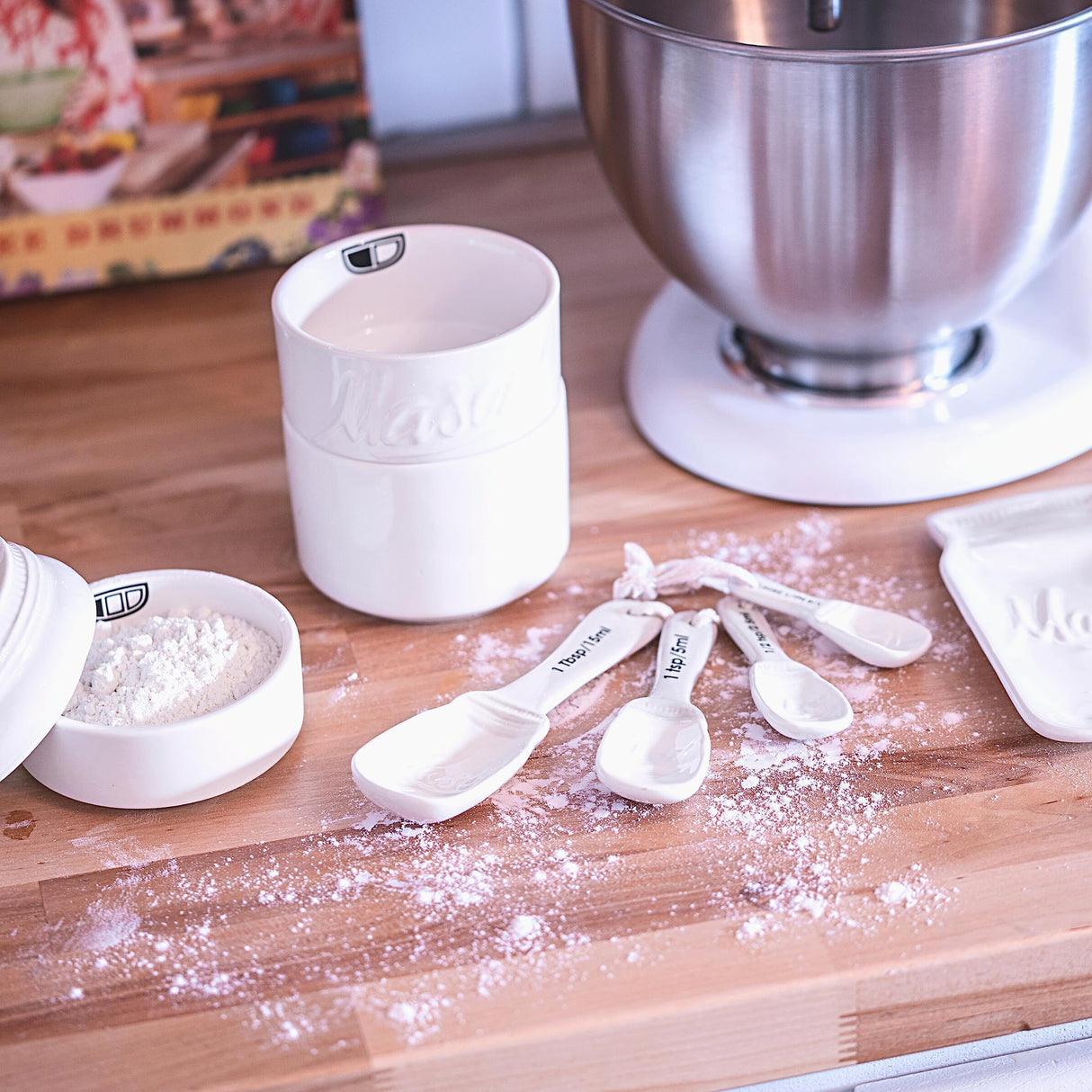 Farmhouse Canisters Sets for the Kitchen - Mason Jar Ceramic Kitchen Utensil Holder, Spoon Rest, Cute Cookie Jar, Salt & Pepper Shaker Sets, Sponge Holder, Measuring Cups & Spoons (White,17-Pc Bundle) Goodscious