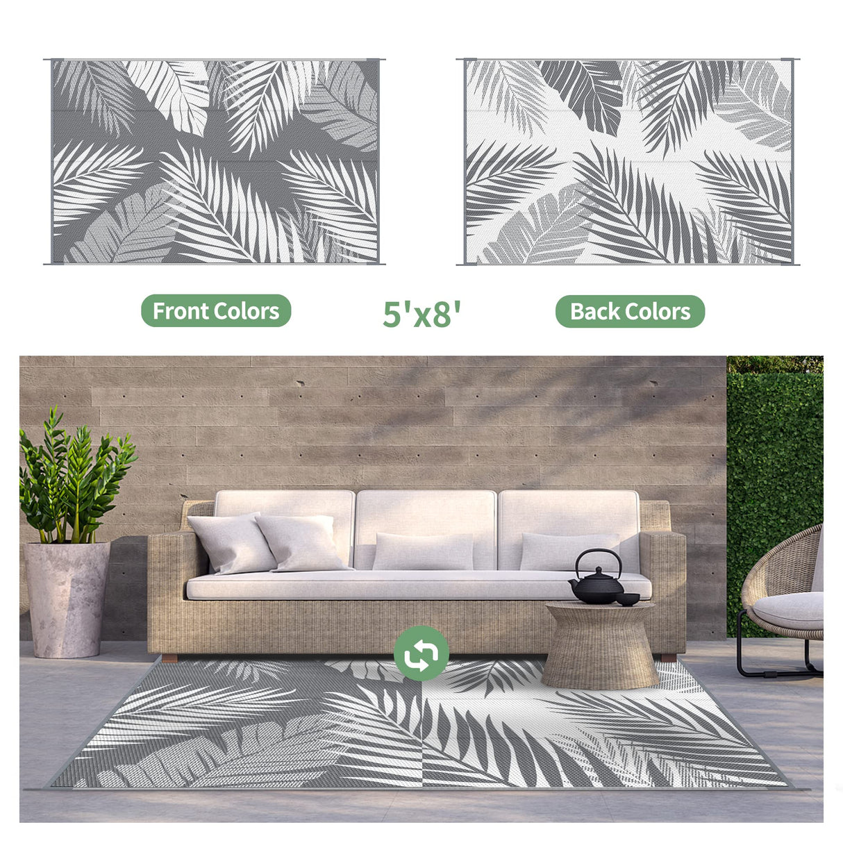 GENIMO Outdoor Rug 5' x 8' Waterproof for Patios Clearance, Reversible Plastic Straw Camping Carpet, Large Area Rugs Mats for RV, Picnic, Backyard, Deck, Balcony, Porch, Beach, Grey&White GENIMO