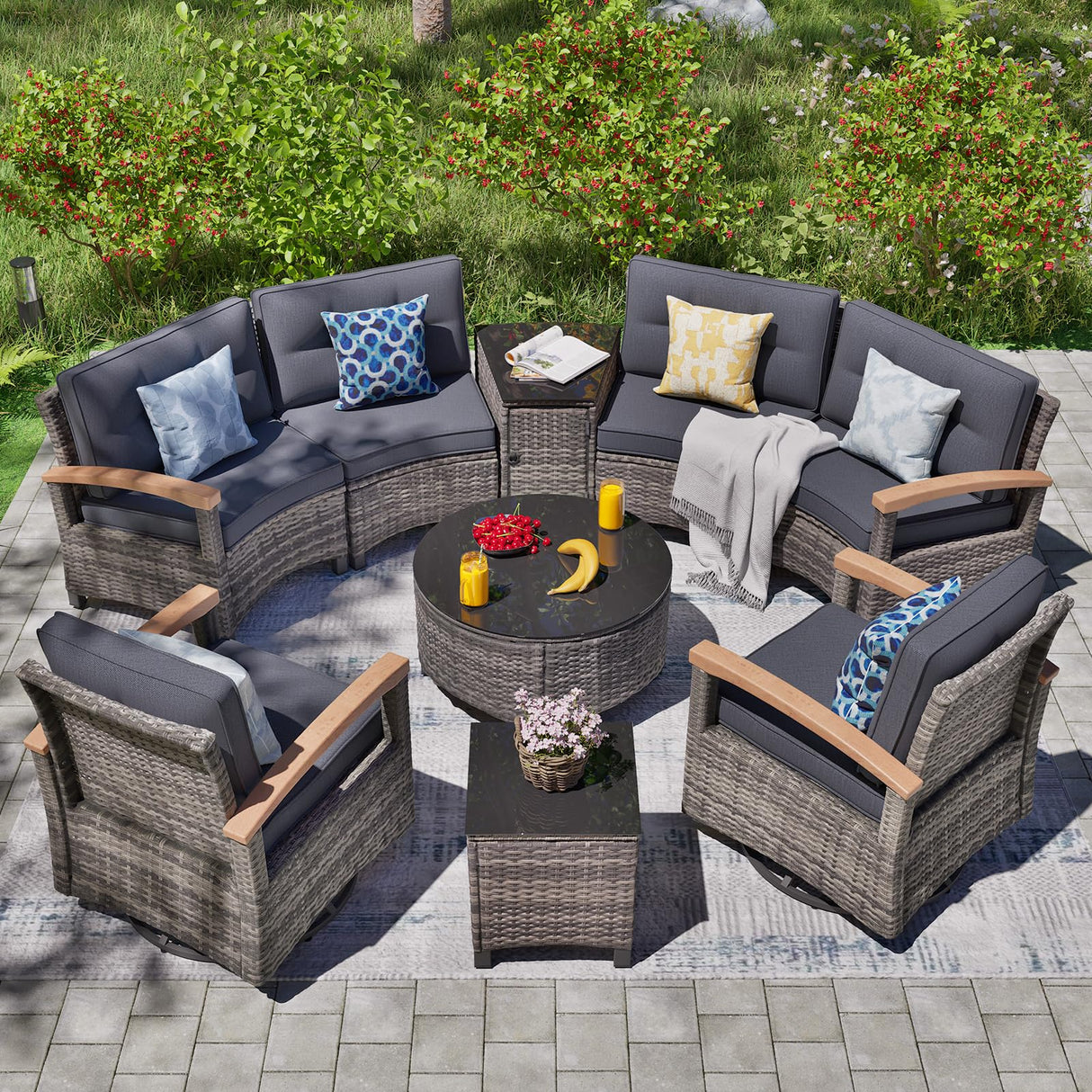 MEISSALIVVE 9-Piece Outdoor Patio Furniture Set, Half-Moon Curved Sectional Set with Wood Armrests, Patio Conversation Set, Tempered Glass Coffee & Side Tables (Grey) MEISSALIVVE