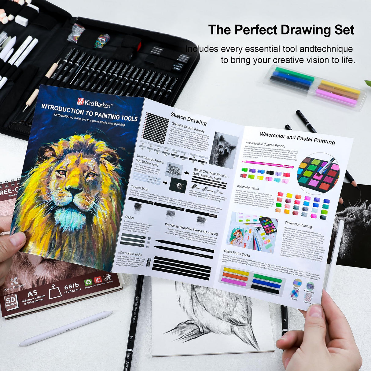 Kird Barken 112 PCS Professional Drawing Set Sketch Kit with 3-Color Sketchbook, Graphite & Charcoal Pencils,Sketching Supplies for Shading & Blending – Ideal for Artists, Adults, Teens & Beginners Kird Barken